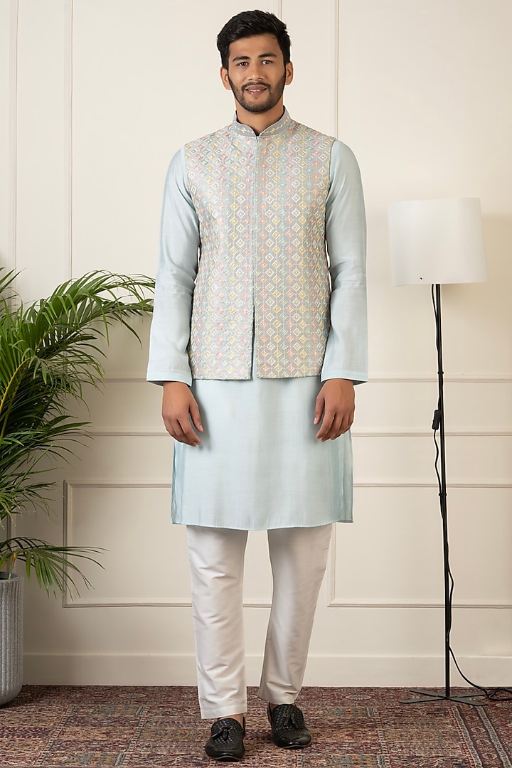 Grey Polyester & Silk Embroidered Bundi Jacket Set by The Ethnic Co