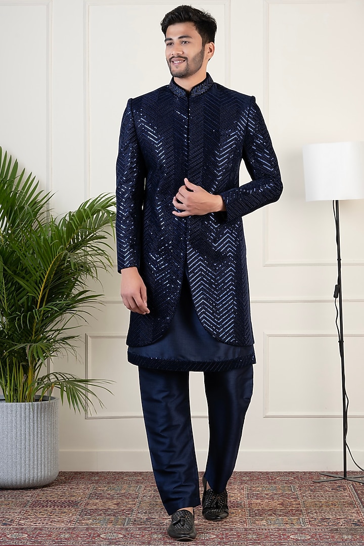 Navy Blue Velvet Sequins Embroidered Indo-Western Set by The Ethnic Co