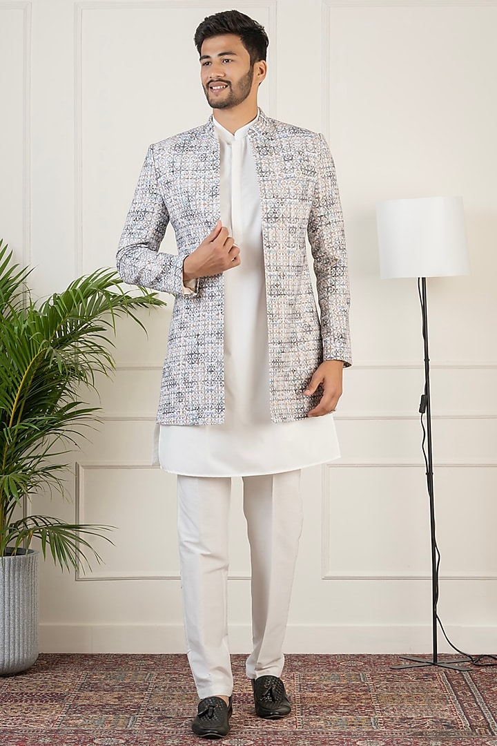 Grey Cotton Printed & Embroidered Indo-western Set by The Ethnic Co