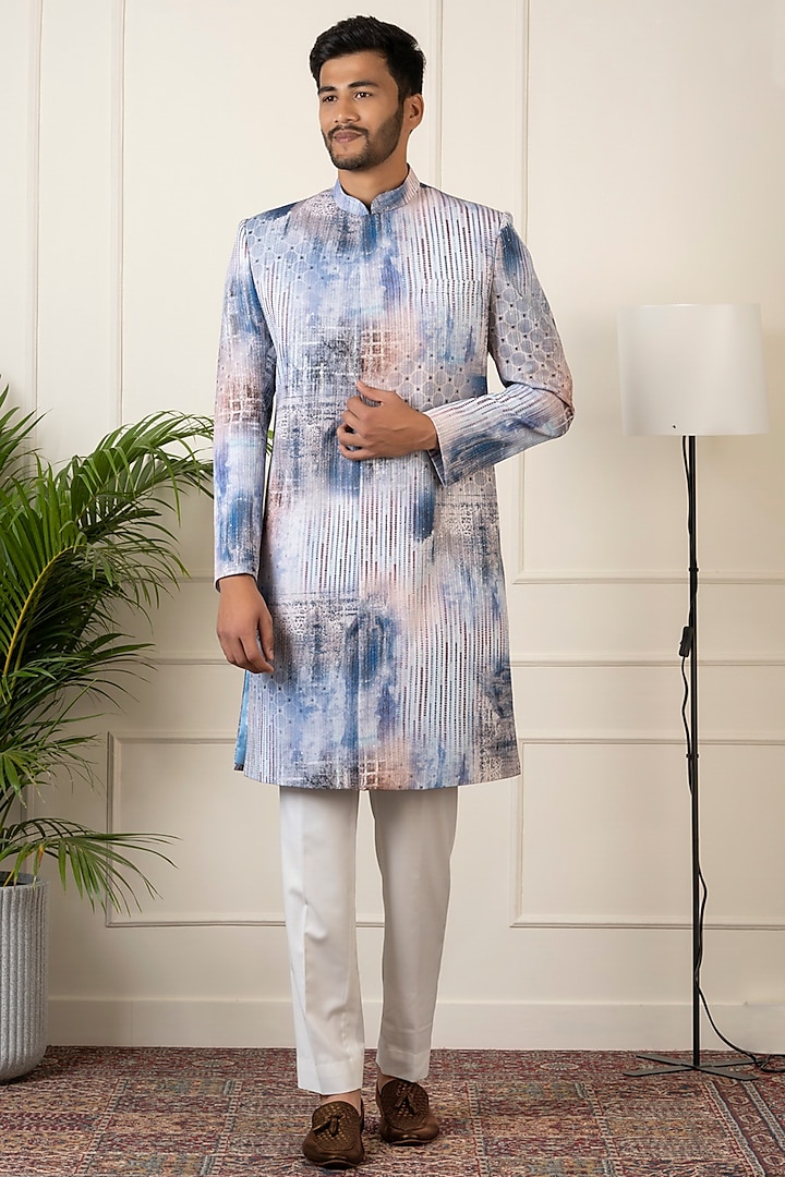 Blue Silk Printed & Sequins Embroidered Indo-western Set by The Ethnic Co