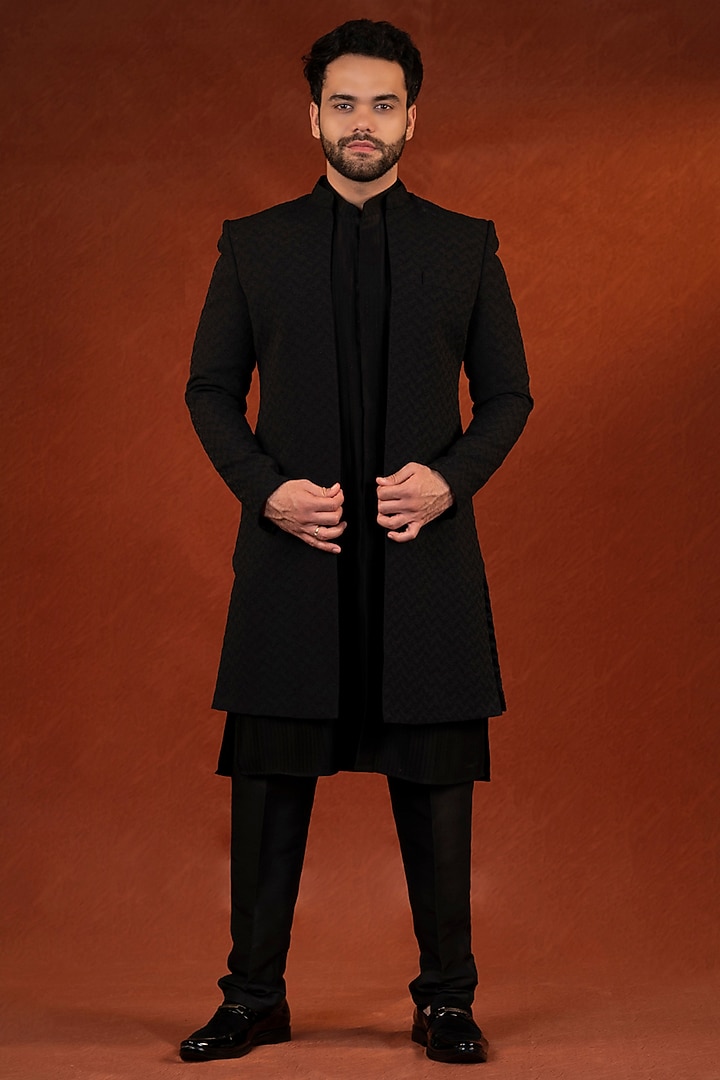 Black Polyester Textured Jacket Set by The Ethnic Co at Pernia's Pop Up Shop