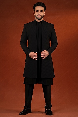 Black Polyester Textured Jacket Set by The Ethnic Co