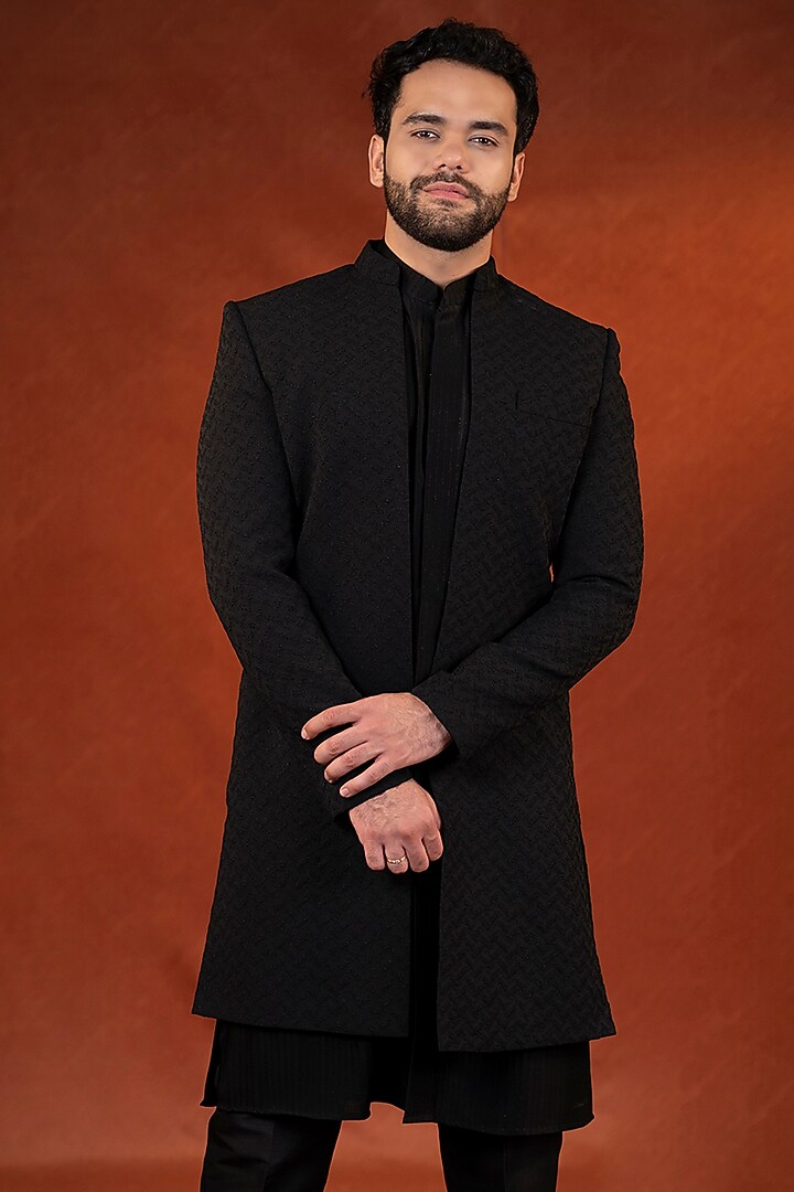 Black Polyester Textured Jacket Set by The Ethnic Co at Pernia's Pop Up Shop