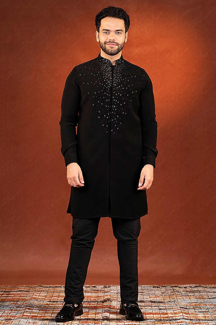 Black Cotton Embroidered Open Kurta Set by The Ethnic Co