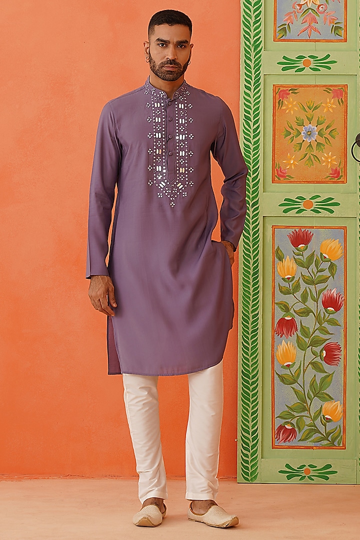 Lavender Art Silk Mirror Embroidered Kurta Set by The Ethnic Co