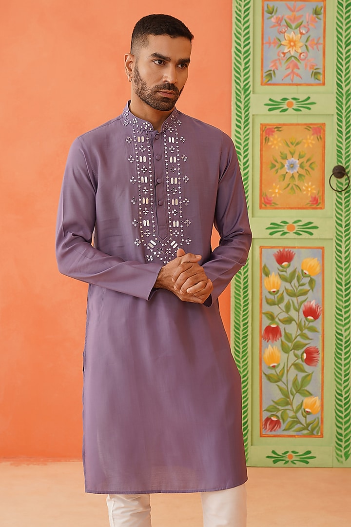 Lavender Art Silk Mirror Embroidered Kurta Set by The Ethnic Co at Pernia's Pop Up Shop