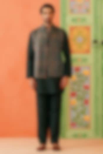 Multi-Colored Velvet Printed Bundi Jacket Set by The Ethnic Co