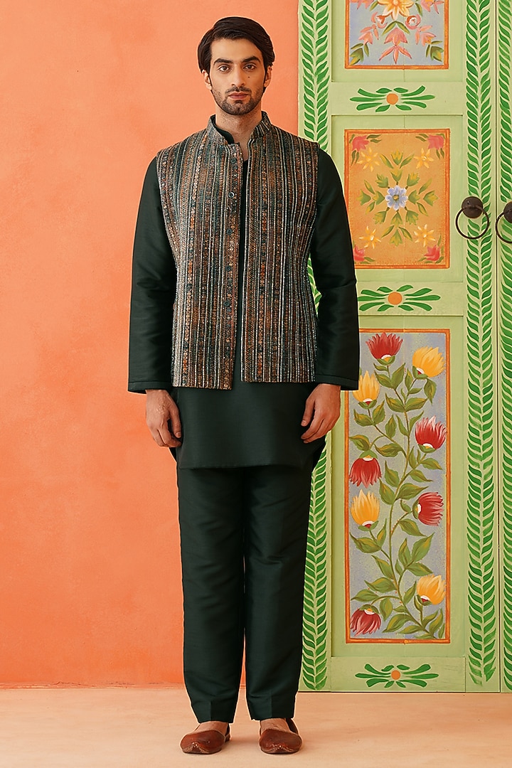 Multi-Colored Velvet Printed Bundi Jacket Set by The Ethnic Co