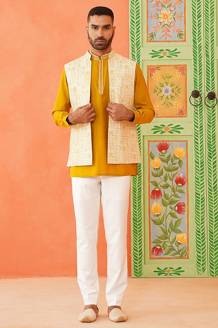 Cream Art Silk Embroidered Jacket Set by The Ethnic Co