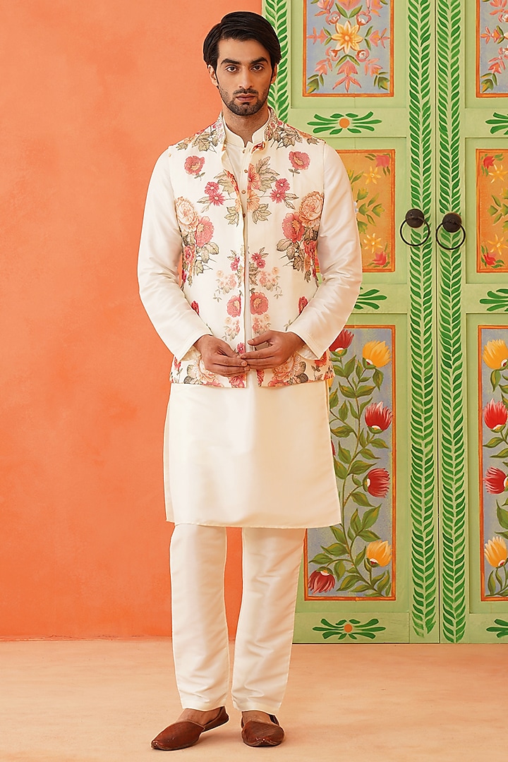 Cream Poly Silk Floral Printed Bundi Jacket Set by The Ethnic Co