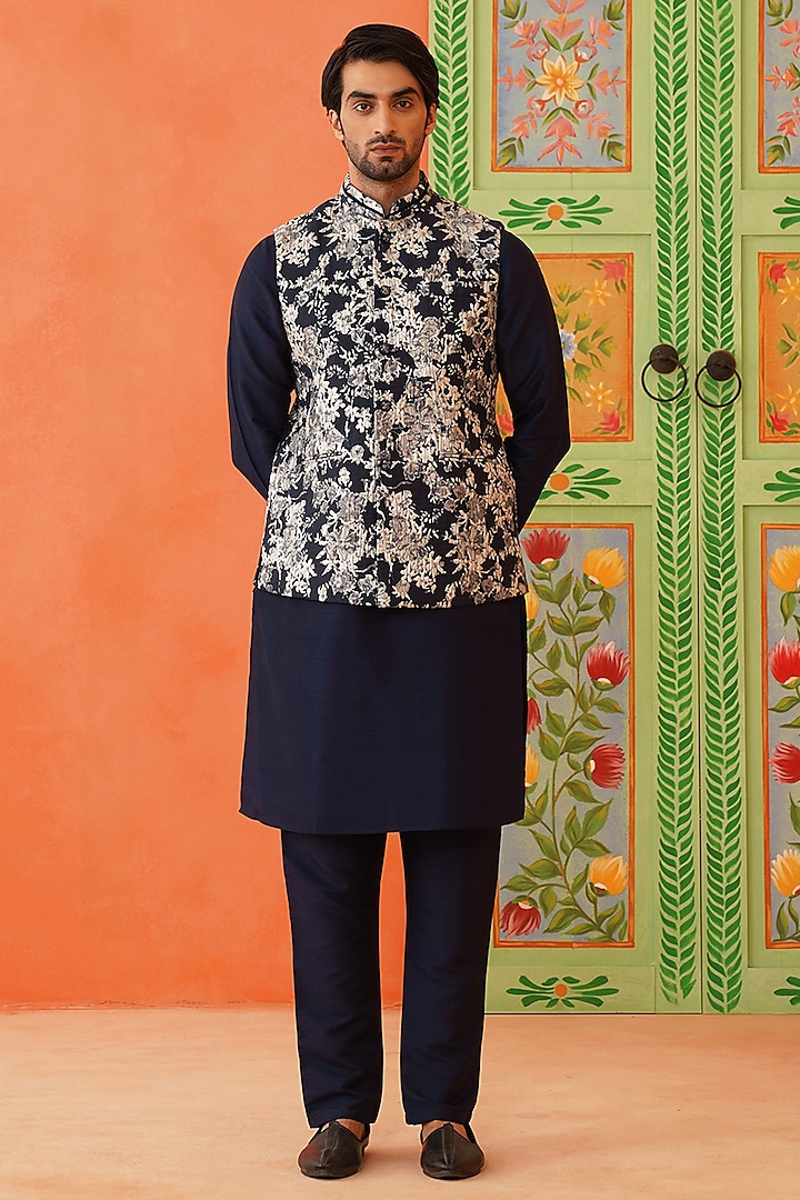 Navy-Grey Art Silk Floral Printed Bundi Jacket Set by The Ethnic Co