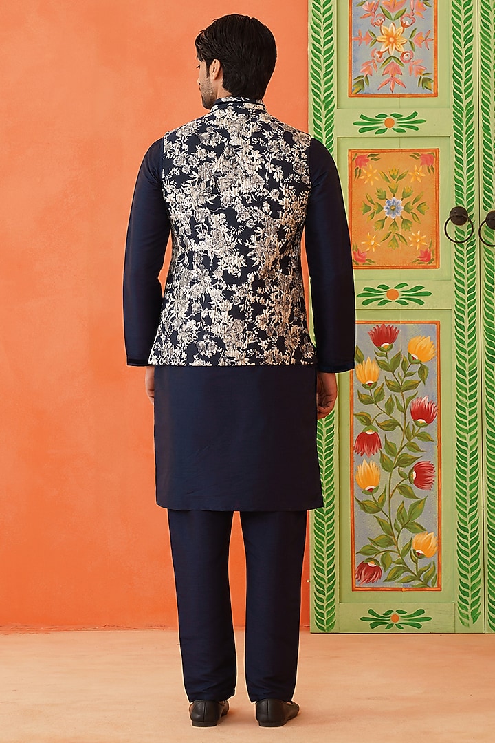 Navy-Grey Art Silk Floral Printed Bundi Jacket Set by The Ethnic Co at Pernia's Pop Up Shop