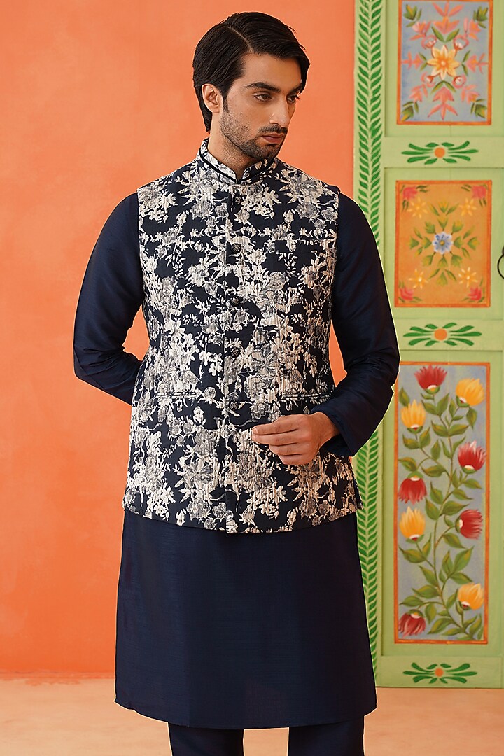 Navy-Grey Art Silk Floral Printed Bundi Jacket Set by The Ethnic Co at Pernia's Pop Up Shop
