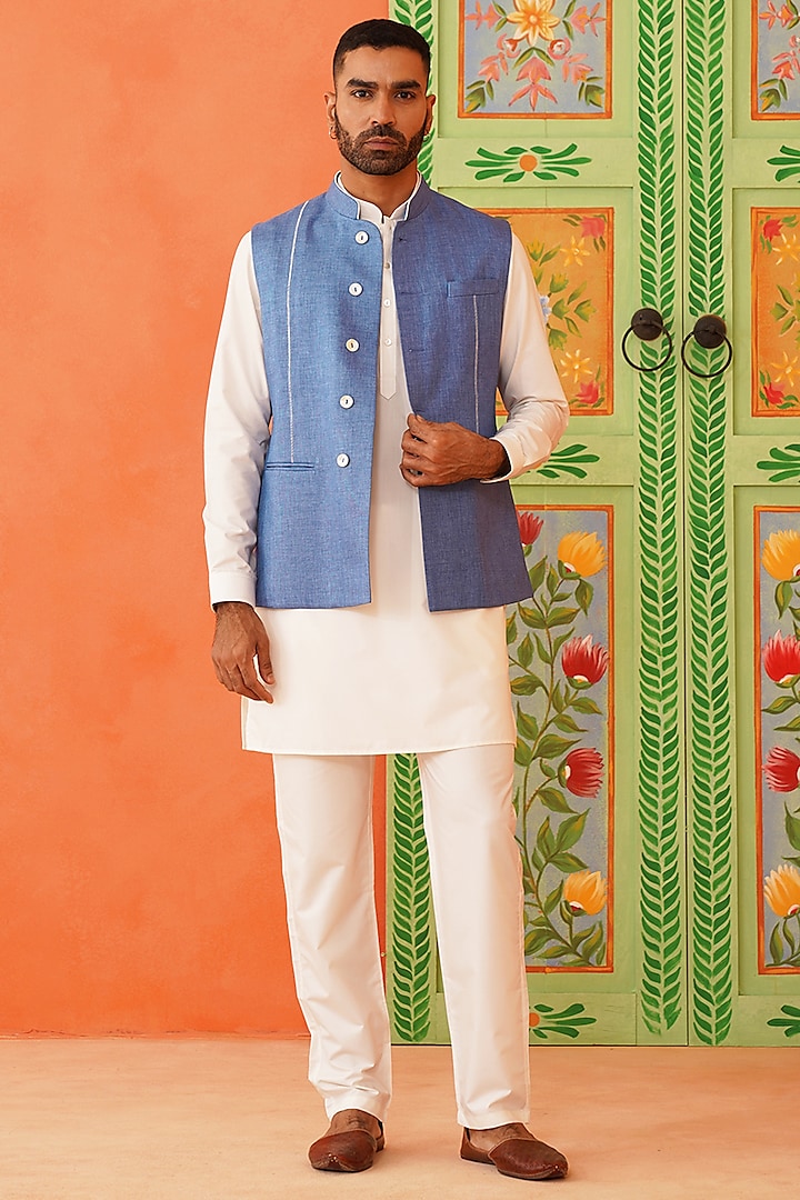 Blue Cotton Textured Jacket Set by The Ethnic Co