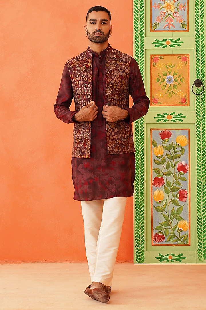 Maroon Art Silk Floral Printed Kurta Set by The Ethnic Co