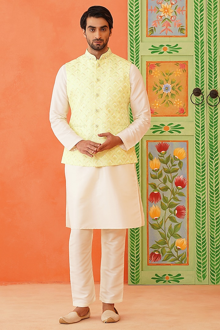 Lemon Yellow Cotton Embroidered Chikankari Bundi Jacket Set by The Ethnic Co