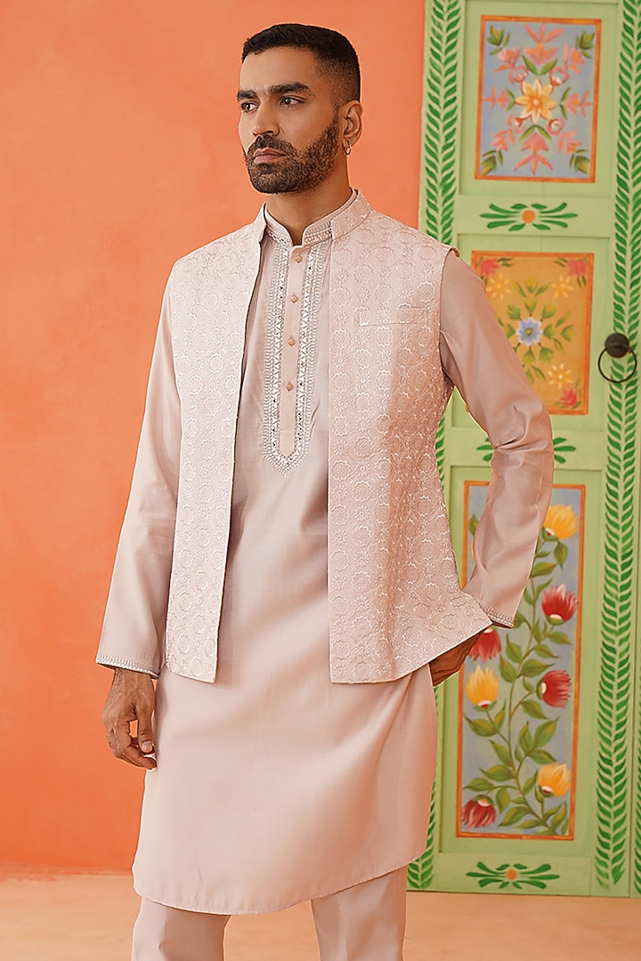 Peach Cotton Mirror Embellished Jacket Set by The Ethnic Co at Pernia's Pop Up Shop