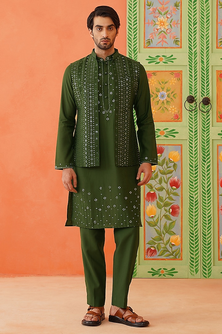 Green Cotton Embroidered Bundi Jacket Set by The Ethnic Co