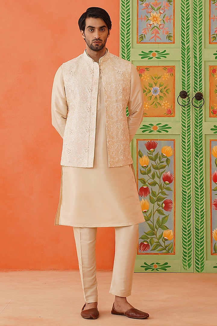 Cream Cotton Embroidered Bundi Jacket Set by The Ethnic Co