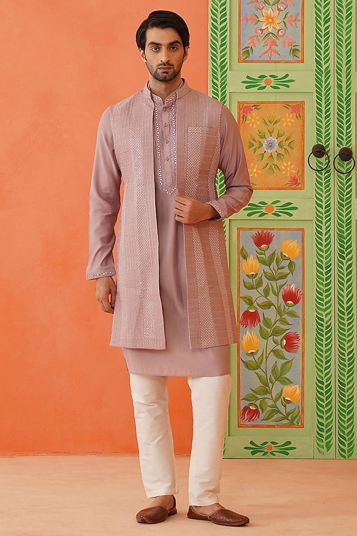 Onion Pink Linen Embroidered Long Bundi Jacket Set by The Ethnic Co