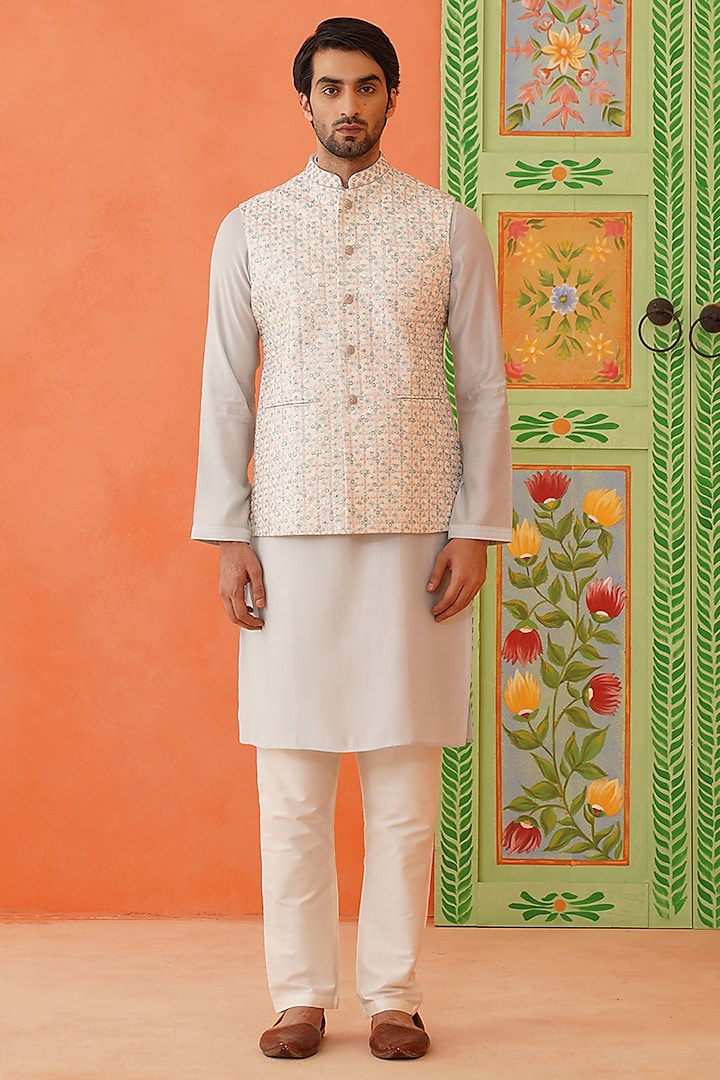 Cream Cotton Embroidered Bundi Jacket Set by The Ethnic Co