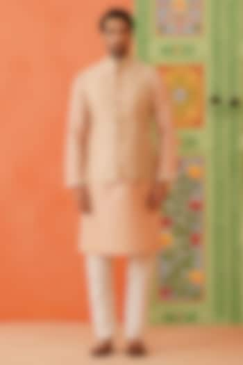 Peach Dupion Silk Printed Bundi Jacket Set by The Ethnic Co