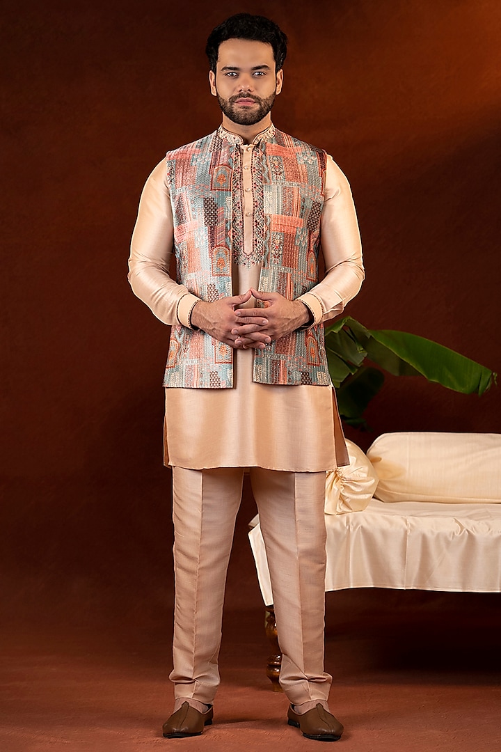 Champagne Gold Velvet Embroidered Open Bundi Jacket Set by The Ethnic Co