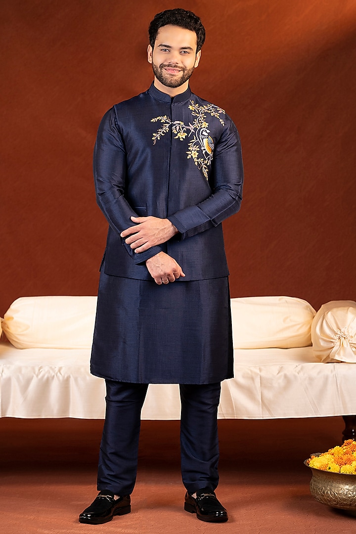 Blue Cotton Silk Embroidered Bundi Jacket Set by The Ethnic Co