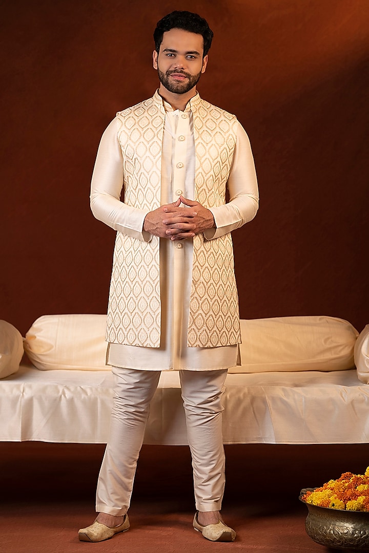 Cream Cotton Embroidered Long Jacket Set by The Ethnic Co