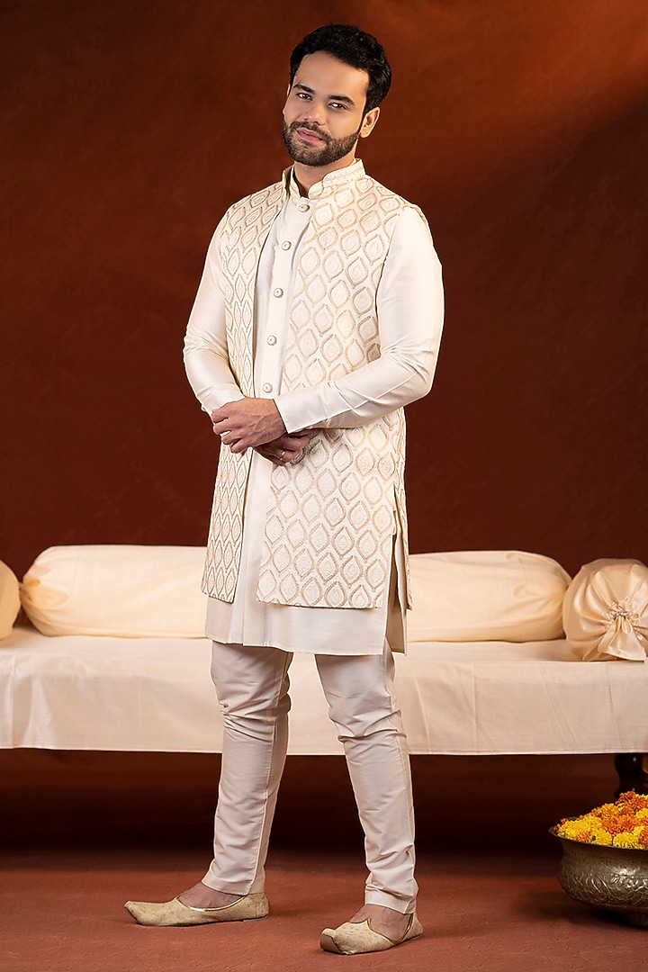Cream Cotton Embroidered Long Jacket Set by The Ethnic Co at Pernia's Pop Up Shop