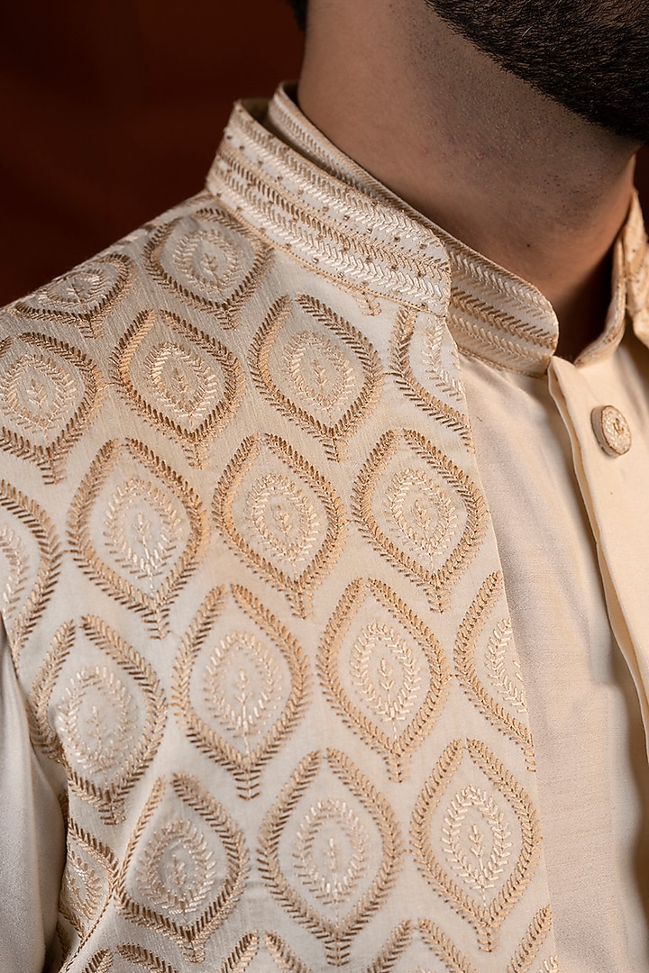 Cream Cotton Embroidered Long Jacket Set by The Ethnic Co at Pernia's Pop Up Shop