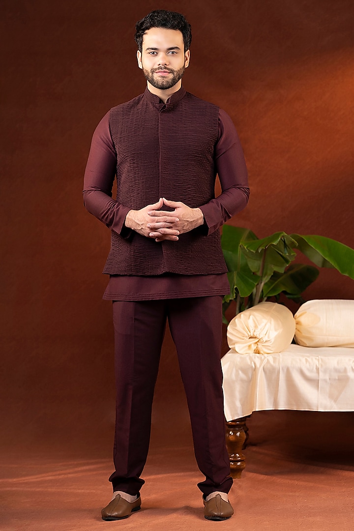 Wine Viscose Rayon Textured Bundi Jacket Set by The Ethnic Co