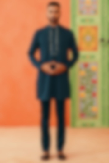 Royal Blue Cotton Embroidered Kurta Set by The Ethnic Co at Pernia's Pop Up Shop