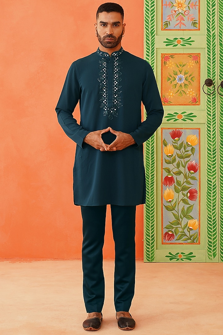 Royal Blue Cotton Embroidered Kurta Set by The Ethnic Co at Pernia's Pop Up Shop