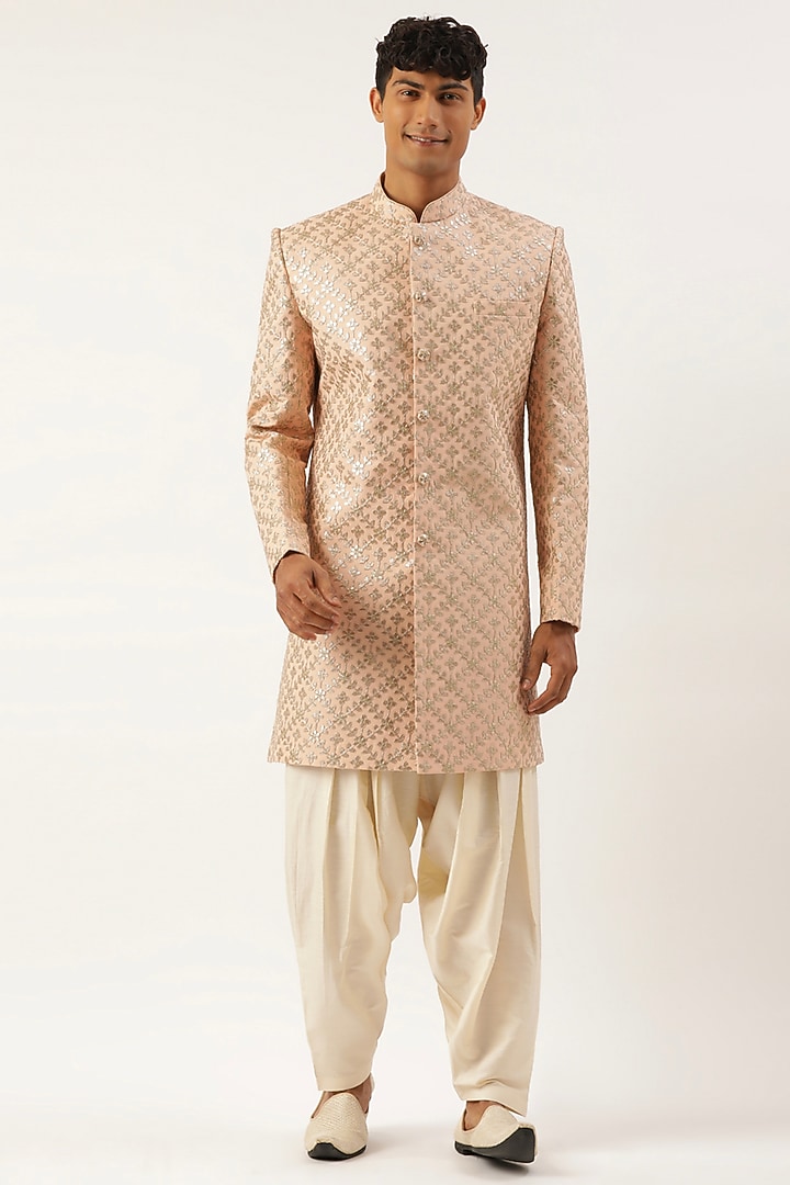 Peach Jacquard Embroidered Wedding Indowestern Set by The Ethnic Co at Pernia's Pop Up Shop