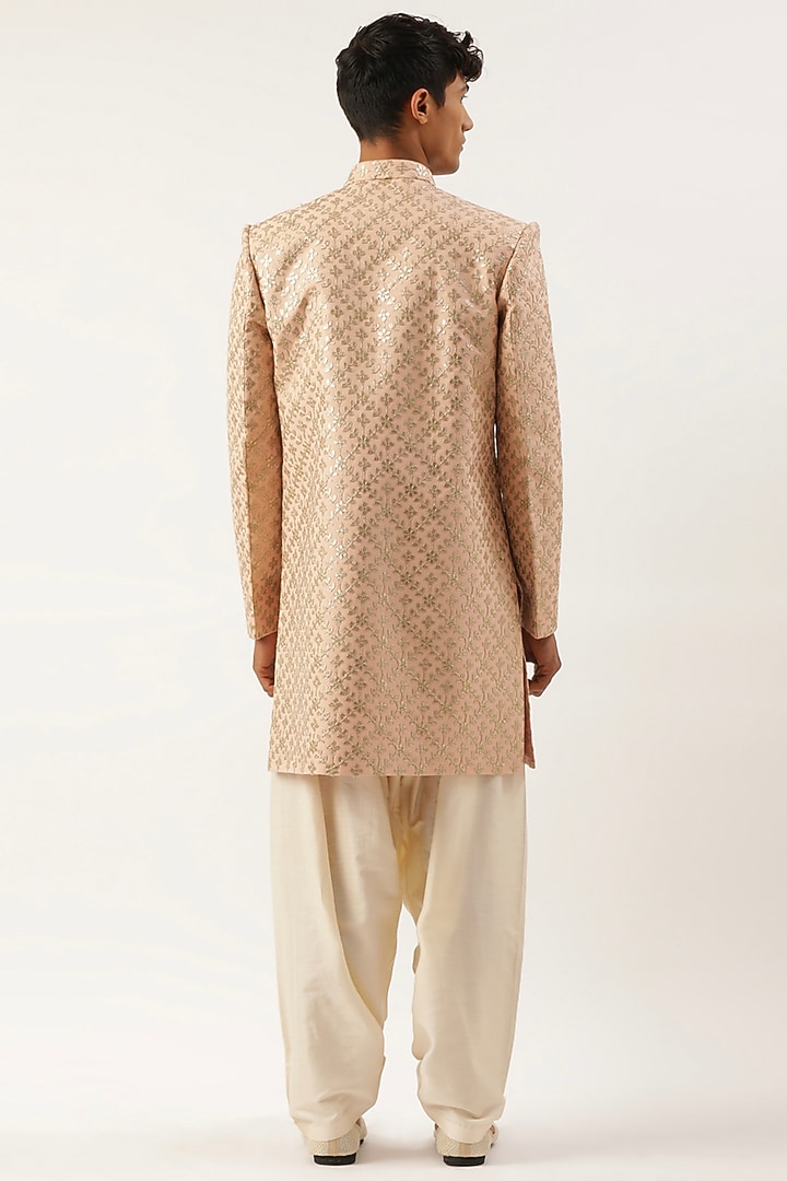 Peach Jacquard Embroidered Wedding Indowestern Set by The Ethnic Co at Pernia's Pop Up Shop