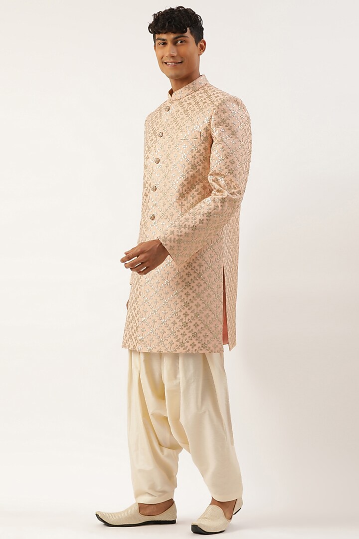 Peach Jacquard Embroidered Wedding Indowestern Set by The Ethnic Co at Pernia's Pop Up Shop