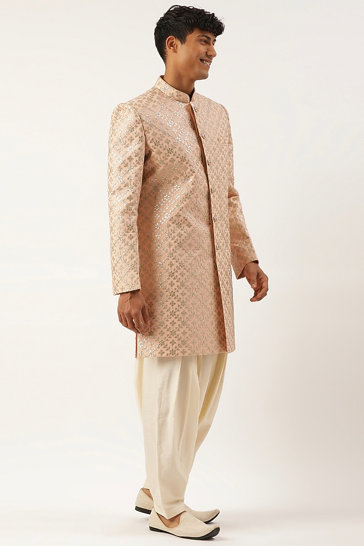 Peach Jacquard Embroidered Wedding Indowestern Set by The Ethnic Co at Pernia's Pop Up Shop