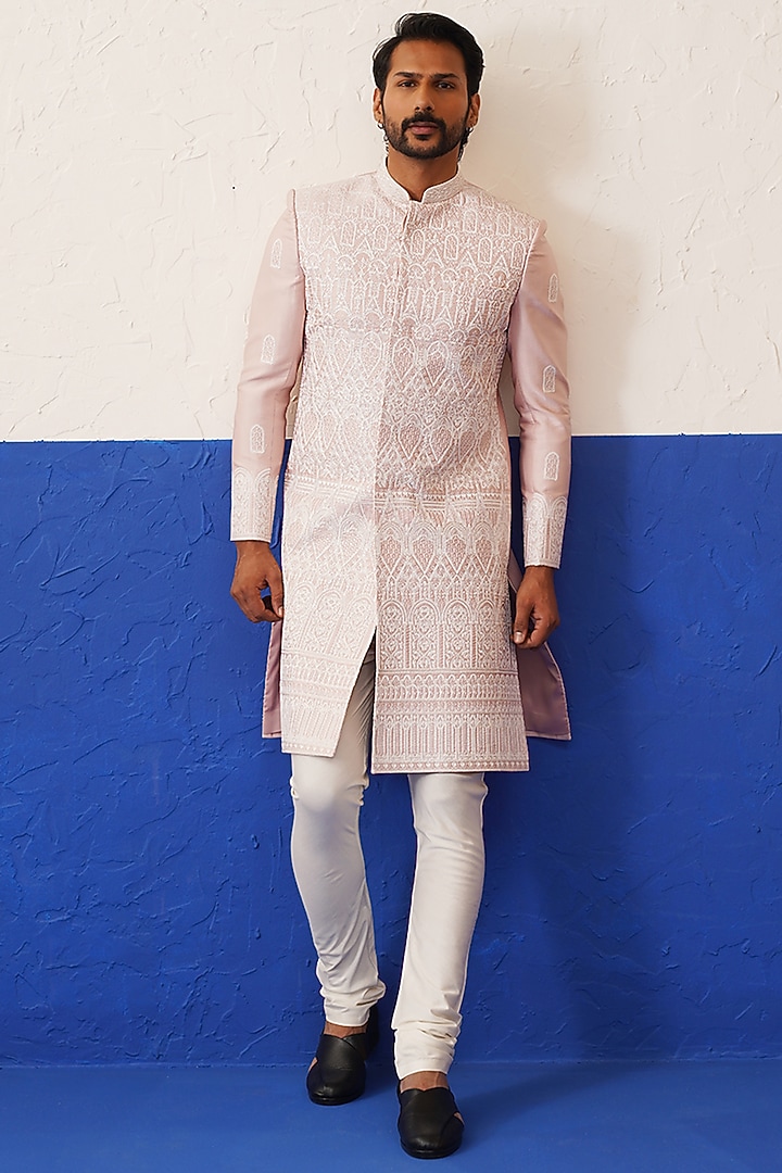 Onion Pink Crepe Embroidered Wedding Sherwani Set by The Ethnic Co at Pernia's Pop Up Shop