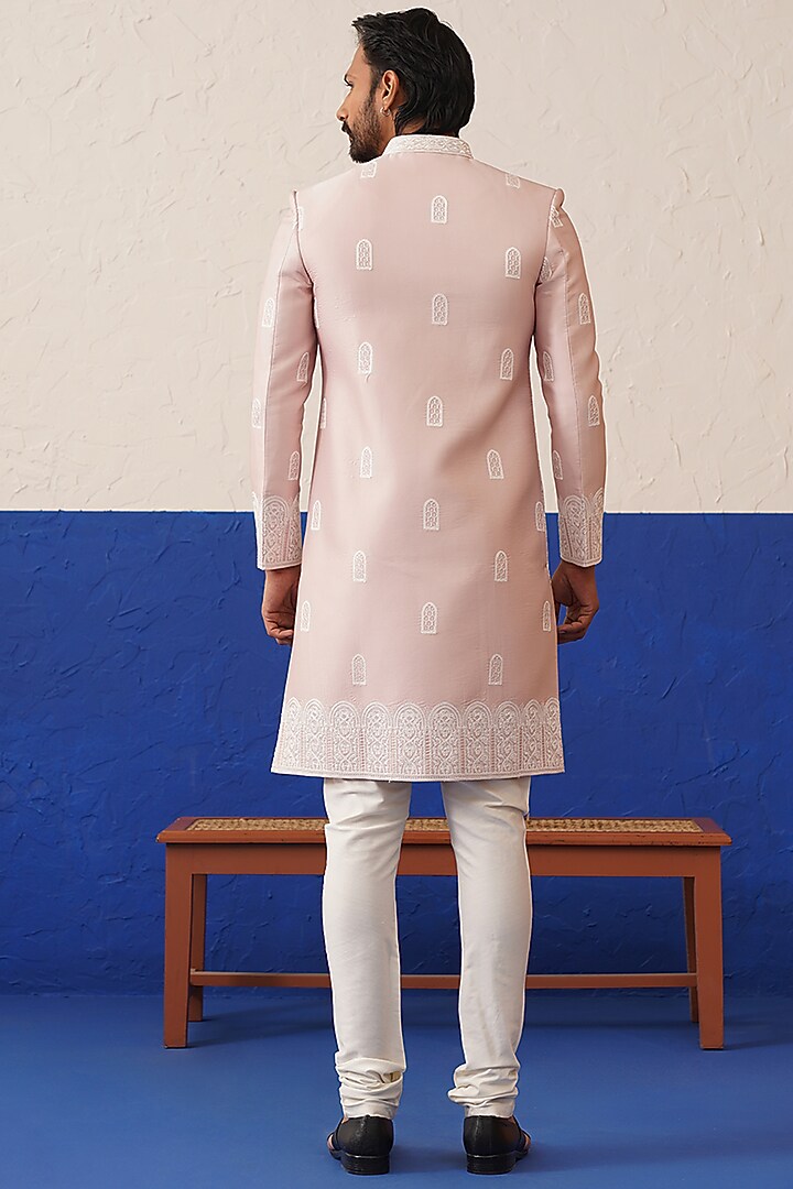 Onion Pink Crepe Embroidered Wedding Sherwani Set by The Ethnic Co at Pernia's Pop Up Shop