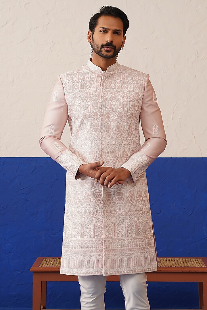 Onion Pink Crepe Embroidered Wedding Sherwani Set by The Ethnic Co at Pernia's Pop Up Shop