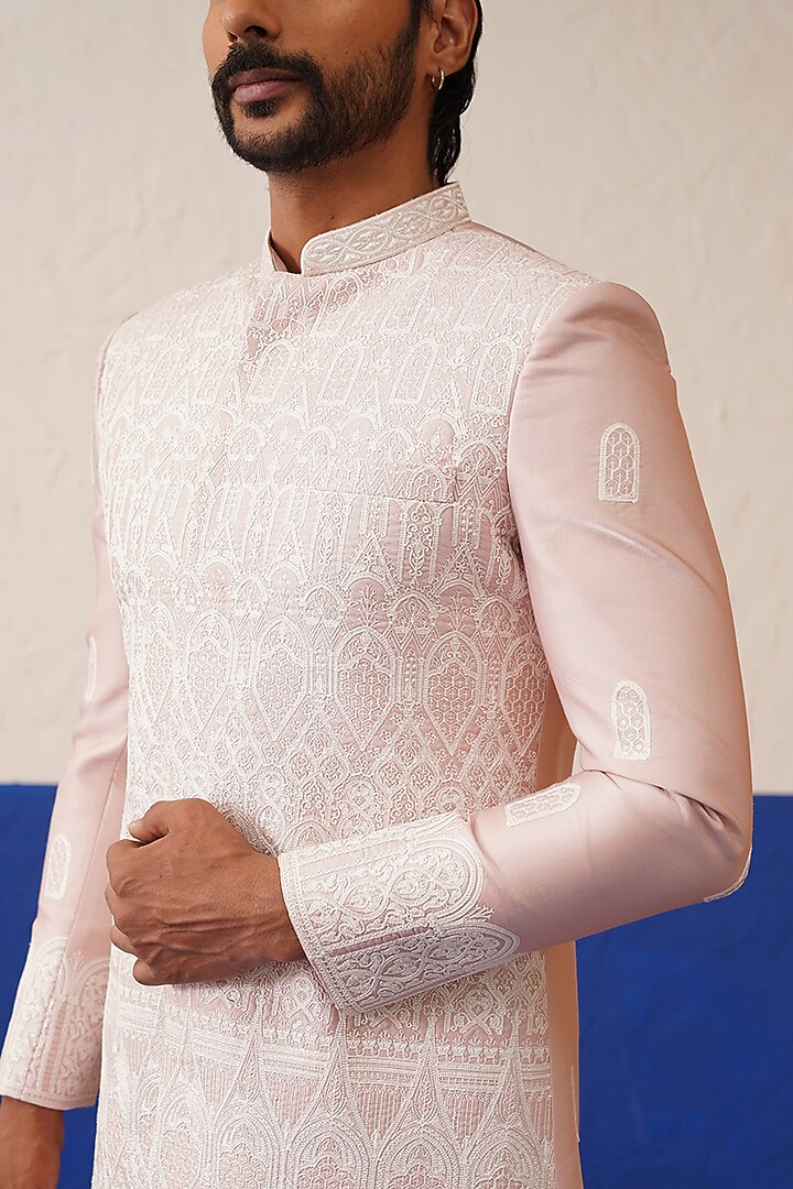 Onion Pink Crepe Embroidered Wedding Sherwani Set by The Ethnic Co at Pernia's Pop Up Shop