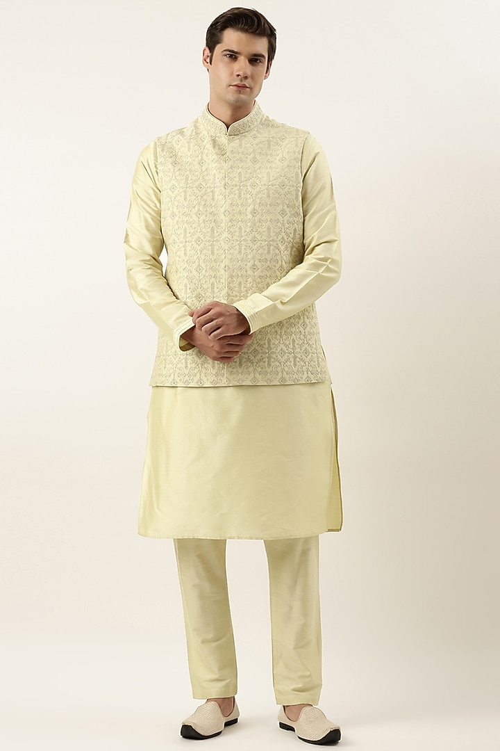 Gold Poly Silk Embroidered Jacket Set by The Ethnic Co at Pernia's Pop Up Shop