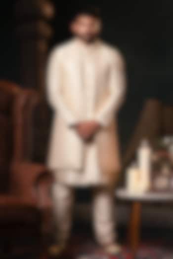 Cream Raw Silk Mirror Embroidered Open Jacket Set by The Ethnic Co at Pernia's Pop Up Shop