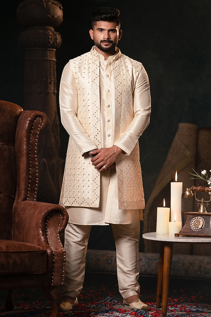 Cream Raw Silk Mirror Embroidered Open Jacket Set by The Ethnic Co at Pernia's Pop Up Shop