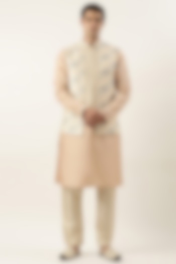 Beige Raw Silk Embroidered Jacket Set by The Ethnic Co at Pernia's Pop Up Shop