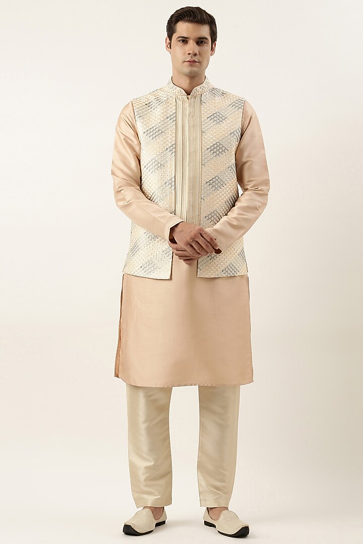 Beige Raw Silk Embroidered Jacket Set by The Ethnic Co at Pernia's Pop Up Shop