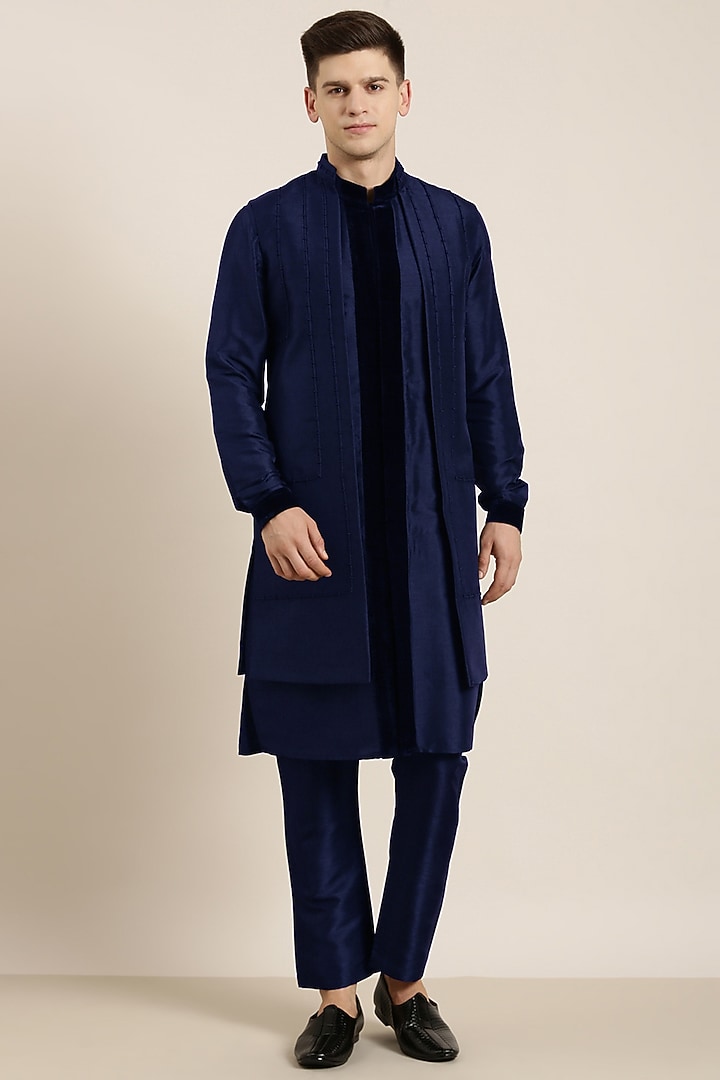 Blue Poly Silk Long Jacket Set by The Ethnic Co at Pernia's Pop Up Shop