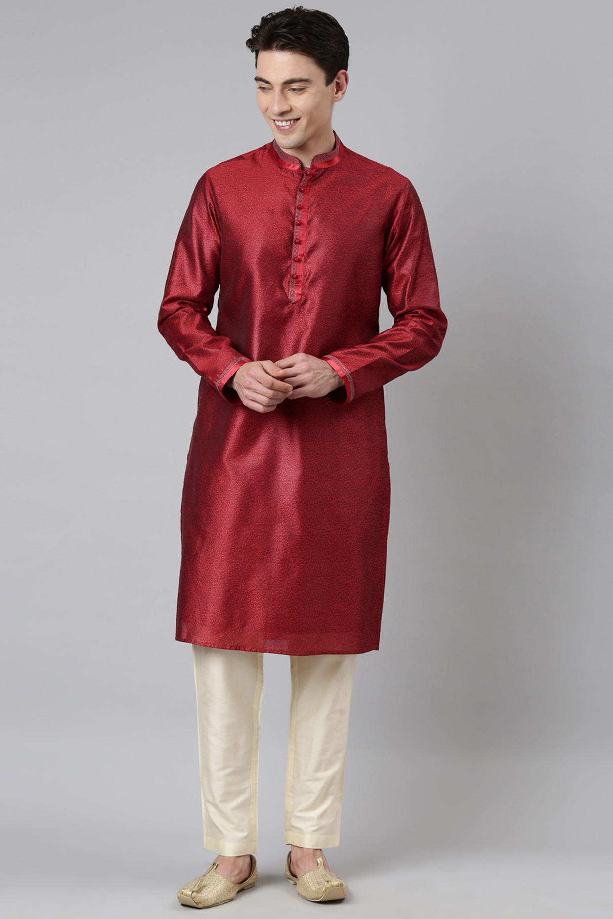 Red Jacquard Woven Kurta Set by The Ethnic Co