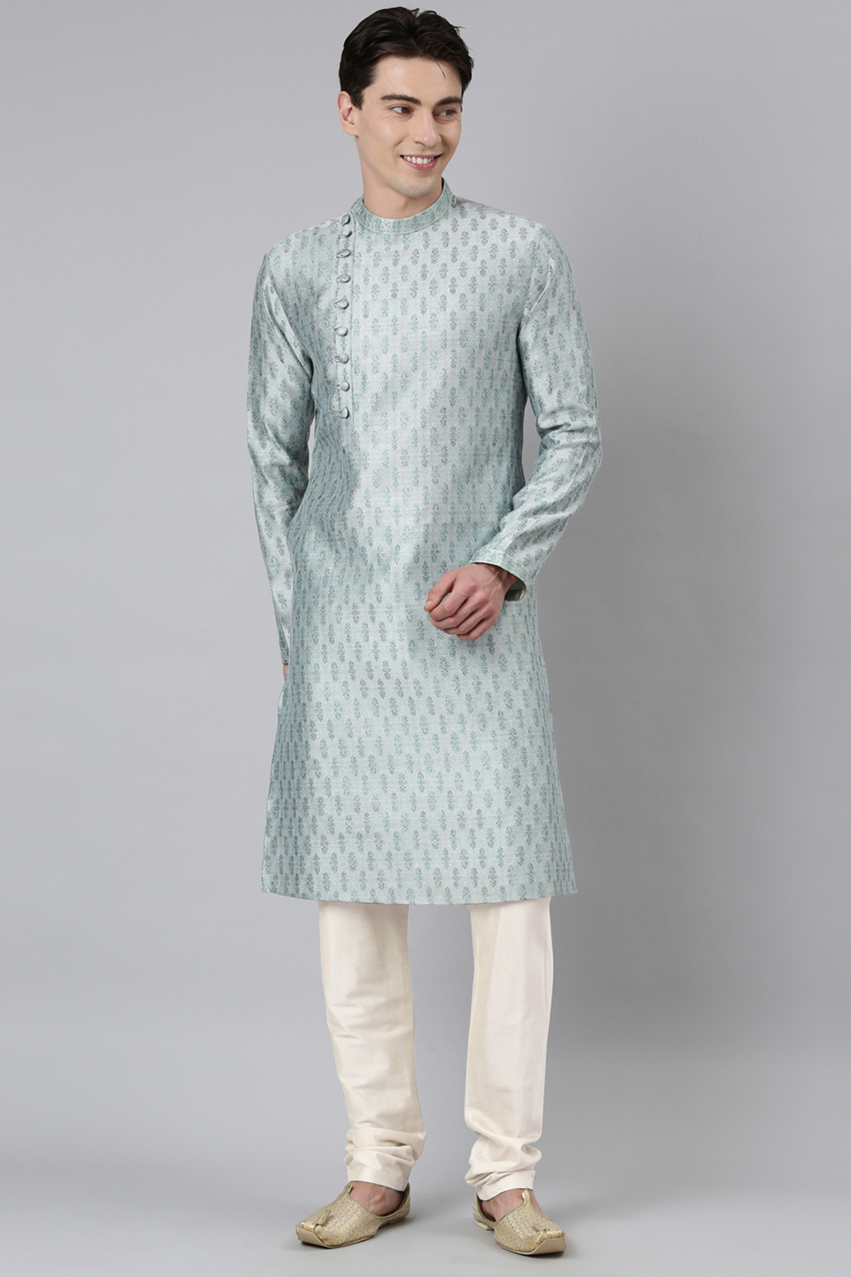 Aqua Blended Silk Embroidered & Printed Kurta Set by The Ethnic Co